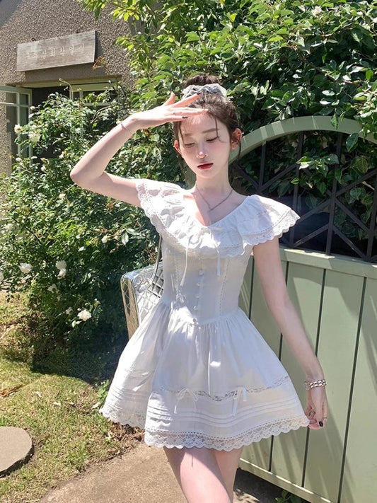 Sweet White Lace Dress Evening Party Turndown Collar Mini Dress French Midi Dress Summer