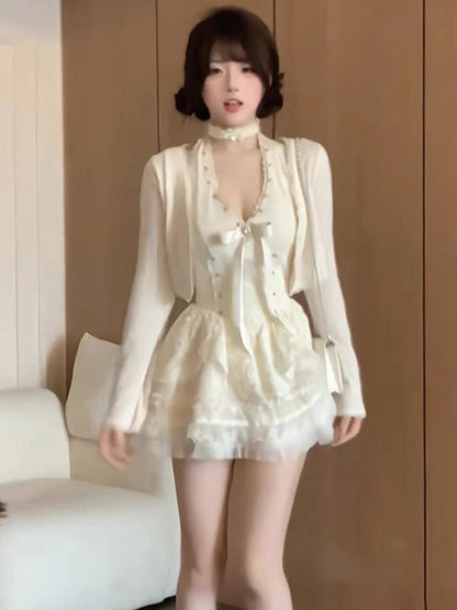 Sweet Thin 2piece Set Dress Design Bow Slash Neck Sleeveless Lace Dresses Female Cardigan