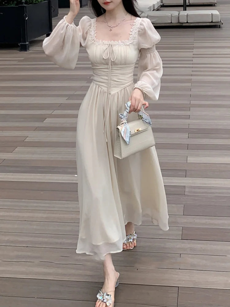 French Lantern Sleeve Lace Up Midi Dress Summer Square Neck Evening Party Prom Robe Female Vestidos Mujer Autumn