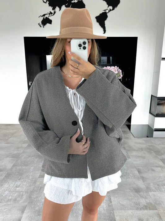 Female Autumn Commute Outwear Pocket V-neck Long Sleeve Patchwork Cropped Coat Jacket New