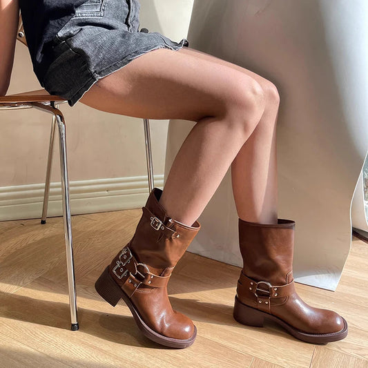 New Ankle Boots Thick High Heels Knight Boots Leather Western Boots Shoes Cowboy Boots Botas De Mujer