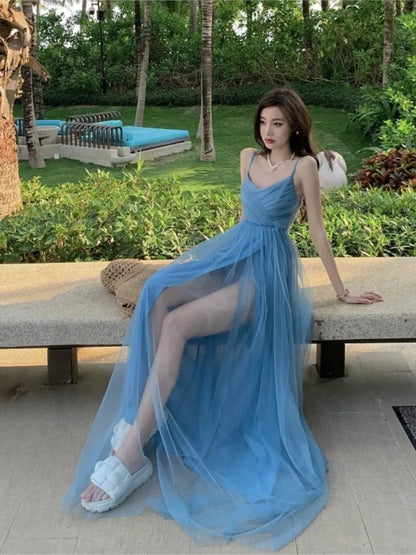 Beach Long Holiday Dress Blue Mesh Strap Vneck Split Maxi Dress Vestidos Elegantes Wedding Party Dresses Prom Dress