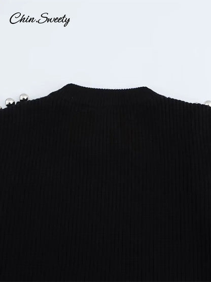 ’s Beading Sweater Pullover Knitted Black Long Sleeve O-neck Jumper New Spring Lady Outwears