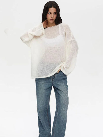 Knitted Hollow Sweater Pullover ’s Loose Long-sleeved Color Round Neck See-through Street Top Pullover
