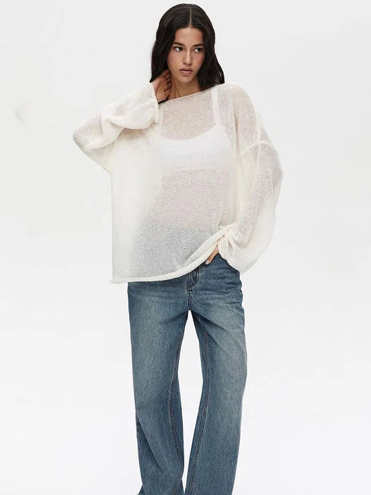 Knitted Hollow Sweater Pullover ’s Loose Long-sleeved Color Round Neck See-through Street Top Pullover
