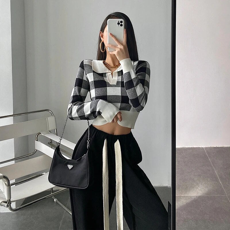 Autumn Winter Knitwear Crop Tops Pullover Sweaters Female Long Sleeve Elastic Plaid Knitted Shirts F4040