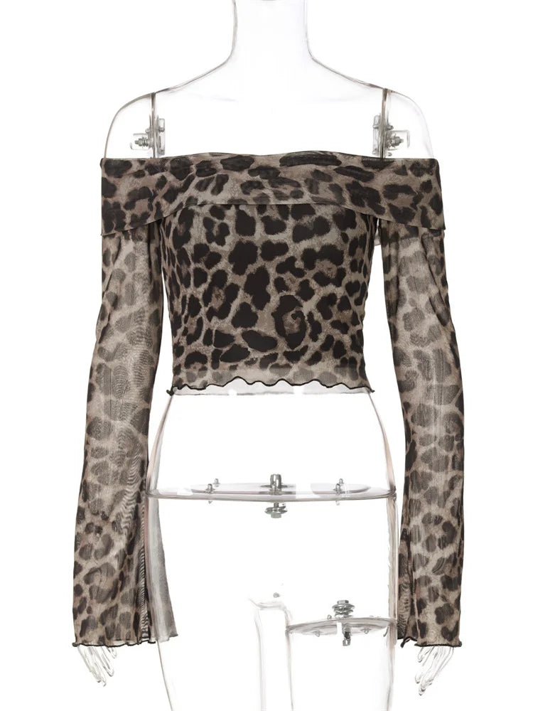 Leopard Printed Mesh T-shirt Top for Off-shoulder Long Sleeve Cropped Y2k Top Pullover Contrast Female Slim Tee