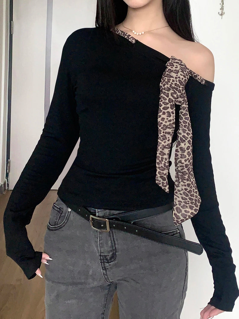 Design Skew Collar Leopard Lace-up Top Tees S Autumn Clothes Long Sleeve Slim Y2k Blouse New