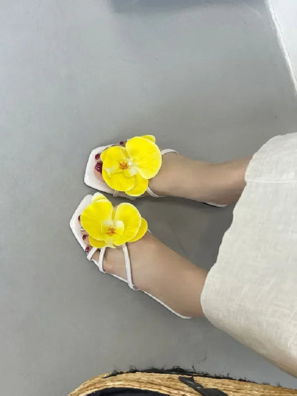 Summer Flower Narrown Band Low Heels Slippers Square Toe Beach Shoes Size 3543
