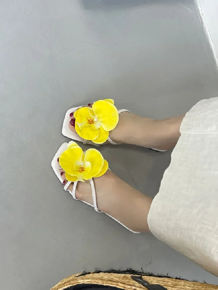 Summer Flower Narrown Band Low Heels Slippers Square Toe Beach Shoes Size 3543