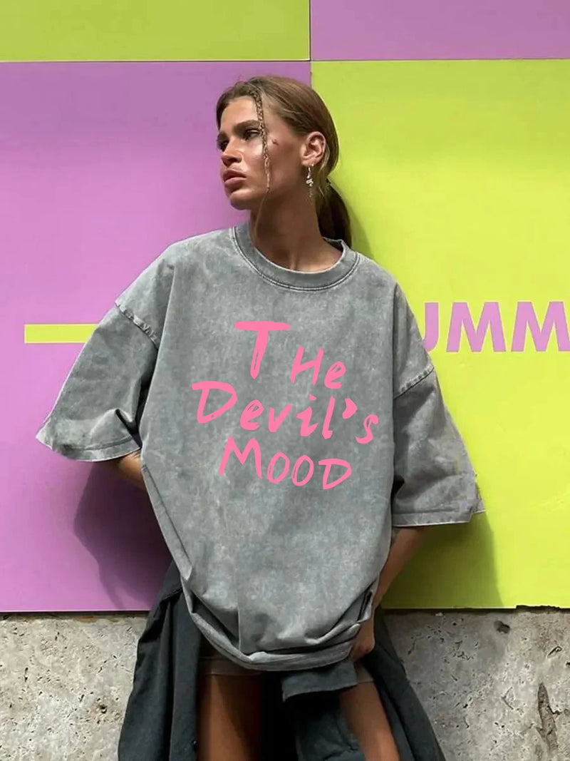 Pink Letter Design Washed T Shirt Cotton T-shirts Soft Mineral Tees Girl Loose Female Tee Tops Y2k