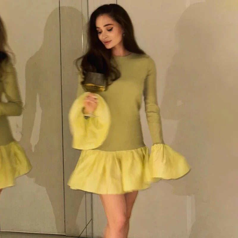 Knitted Mini Dress Female Long Sleeves Gown Flare Sleeves Spliced Autumn Winter Dress A-line Sweet Bodycon Clothes
