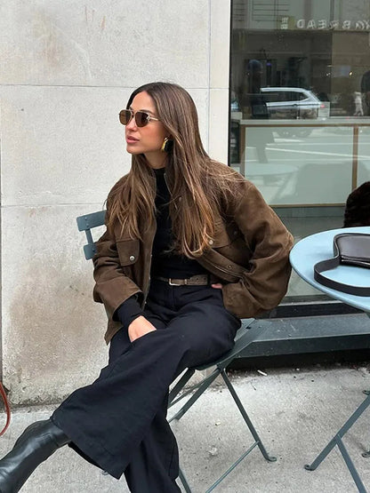 Zipper Suede Cargo Jacket Coat Button Lapel Maillard Slimming Workwear Leather Jackets Short Outwear Commute Overcoat