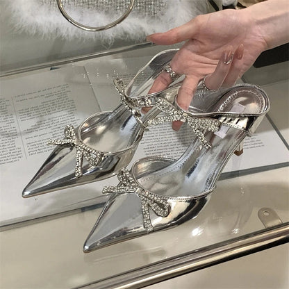 Summer Crystal Butterflyknot Pointed Toe Pumps Buckle Strap High Heels Party Prom Sandals Mule Shoes
