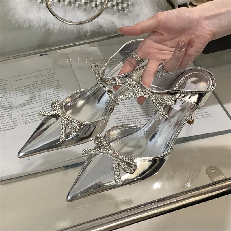 Summer Crystal Butterflyknot Pointed Toe Pumps Buckle Strap High Heels Party Prom Sandals Mule Shoes