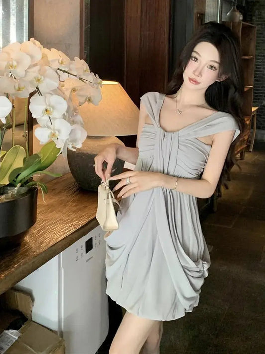 Summer New Gray High Waist Vacation Backless Slip Mini Dress Club Sleeveless Pleated Short Dress Trend