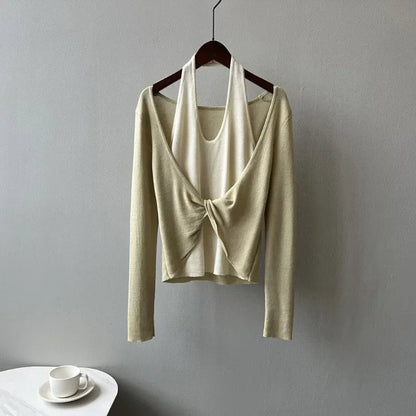 Korean Patchwork Halter Longsleeved Sweater Autumn New Fake Twopiece Knitted Tops