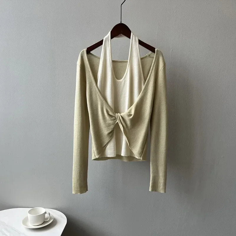 Korean Patchwork Halter Longsleeved Sweater Autumn New Fake Twopiece Knitted Tops
