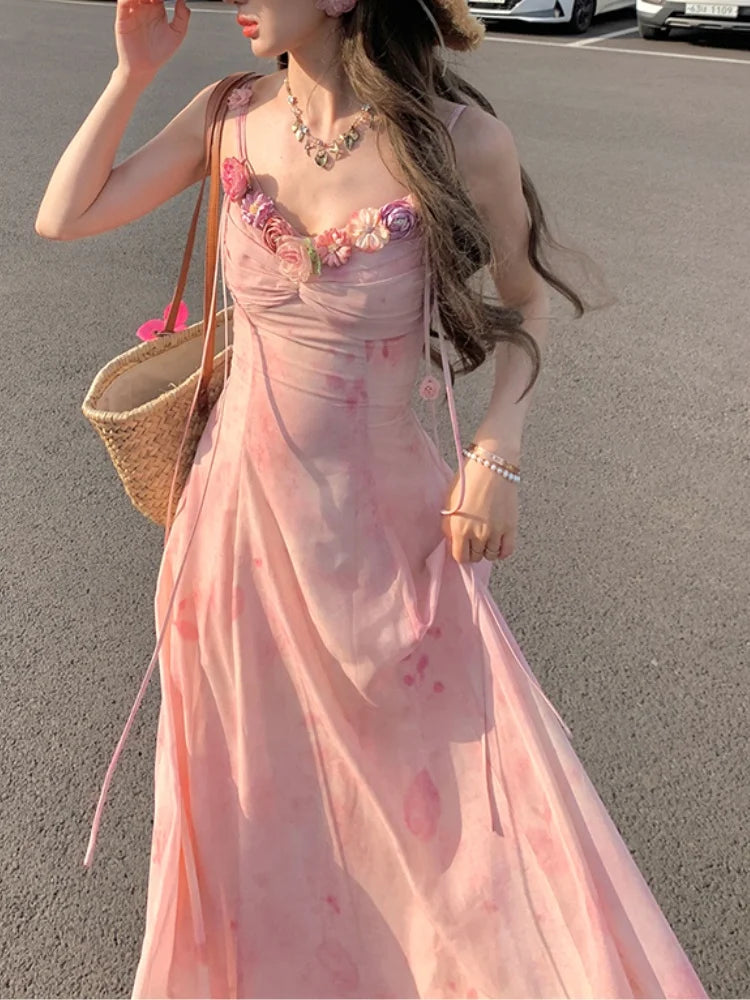 Summer French Spaghetti Strap Mini Dress Flower Frocks Party Evening Onepiece Y2k