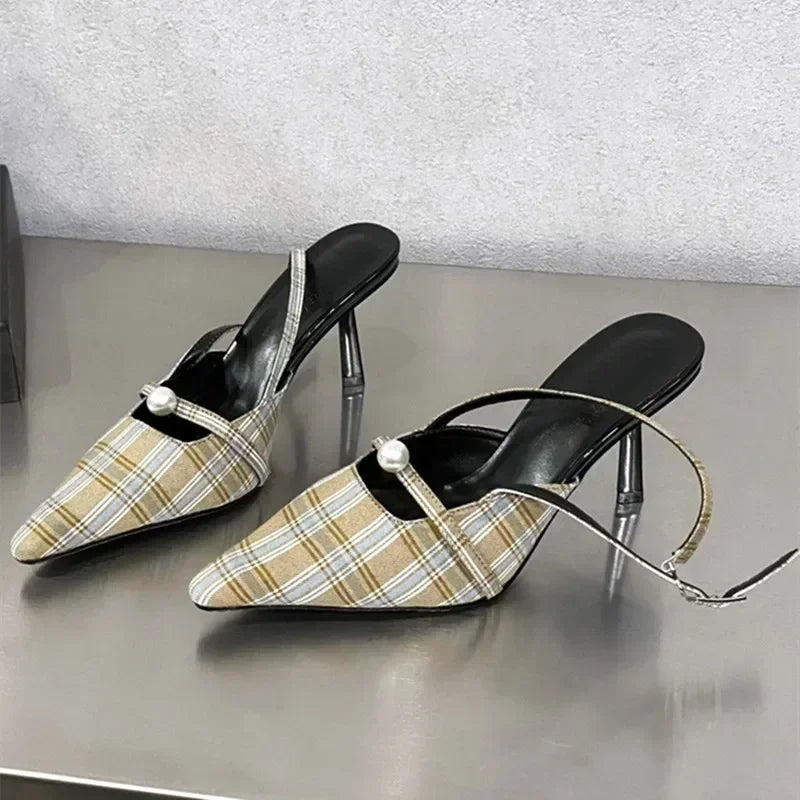 Pointed Toe Retro Plaid High Heels Slingbacks Shoes Pumps Office Dress Shoes Sandalias De Mujer