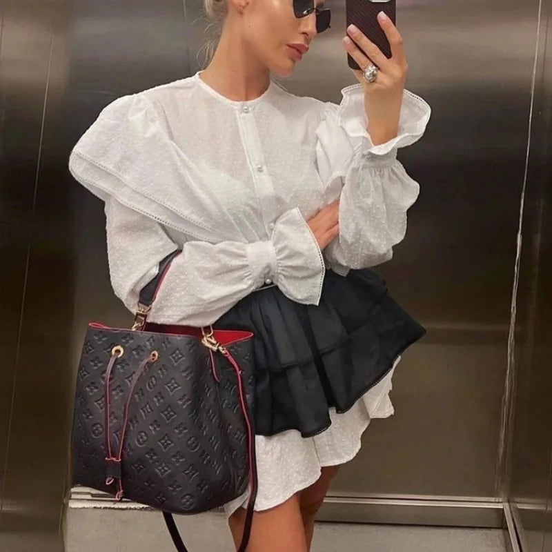 Ruffled Flare Sleeve Shirt Dress for With High Waisted Shorts Contrast Color Patchwork Mini Party Dress Autumn New