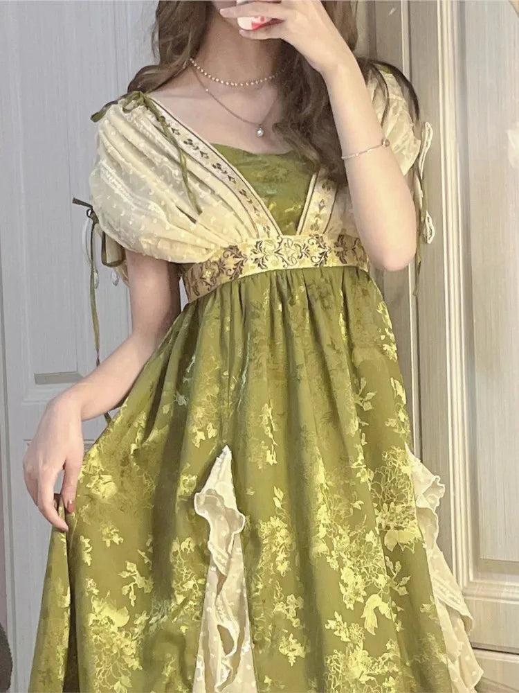 Summer Fairy Green Evening Dress V Neck Lace Ruffles Midi Dress a Line Fluffy Sleeve Prom Party Gown