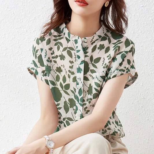 Summer Style Blouses Tops Lady Short Sleeve Stand Collar Flower Printed Blusas Tops Sp1498