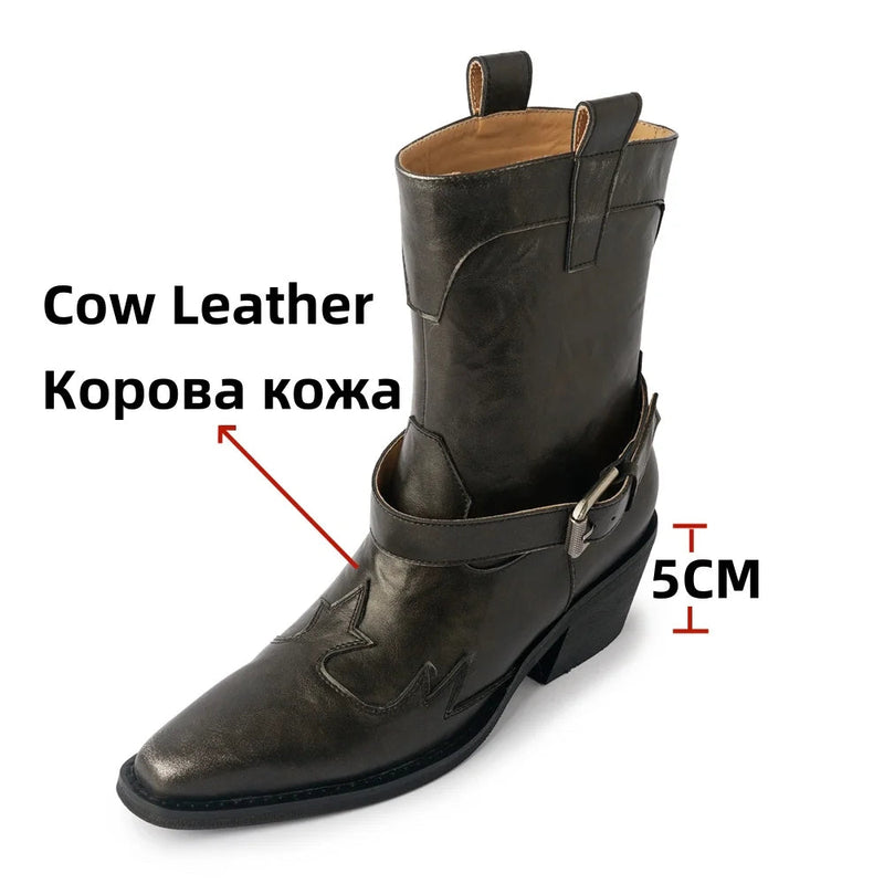 Ankle Boots Genuine Leather Chunky High Heels Shoes for Winter Western Cowboy Short Boots Shoes Woman