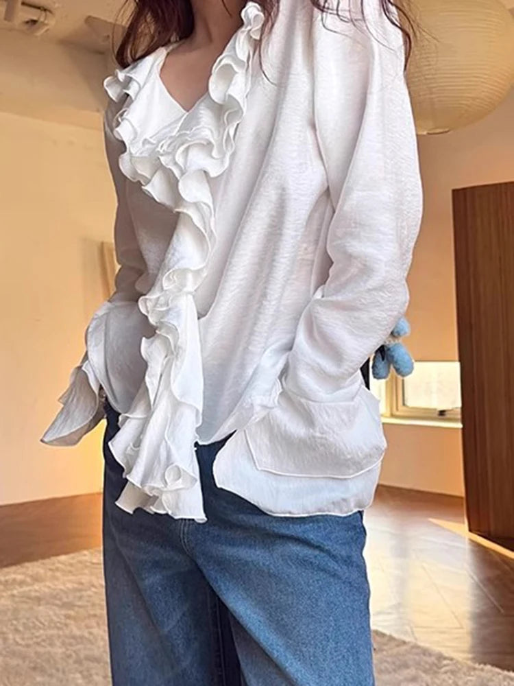 Vneck Ruffled Flared Sleeve Shirt Spring Retro and Stylish Loose Niche Versatile Blouse Top