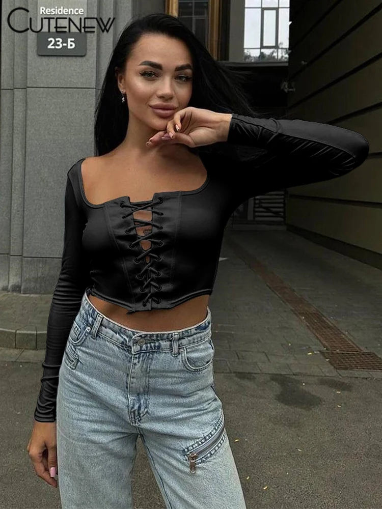 Classic T-shirts Wild Bandage Full Sleeve Square Neck Crop Slim Tops Female Concise Tees