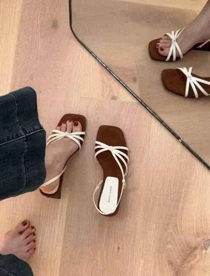 Kitten High Heels Open Toe Sandals Cross Narrow Band Low Slippers Stylish Comfortable Multiwork Shoes Flat Heels
