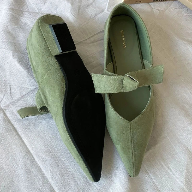 Satin Pointed Toe Mary Jane Bow Knitted Flats Shallow Comfortable Chunky Heel Shoes Design Ballet Shoes