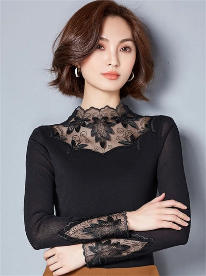 Hollow Out Spring Autumn Style Lace Blouses Shirts Long Sleeve Patchwork Spliced Turtleneck Blusas Tops Df1491