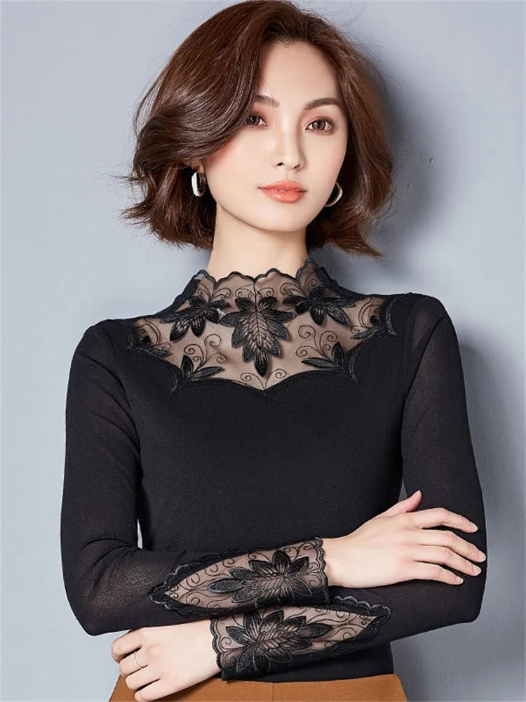 Hollow Out Spring Autumn Style Lace Blouses Shirts Long Sleeve Patchwork Spliced Turtleneck Blusas Tops Df1491