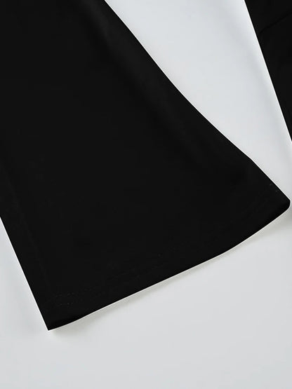 Black Tie V Neck Split Slim Blouses Flared Long Sleeve Basic Spring Autumn Shirts