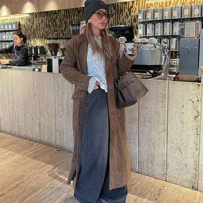 Long Long Sleeve Turn-down Collar Double Breasted Female Coat Autumn Lady Jacket New