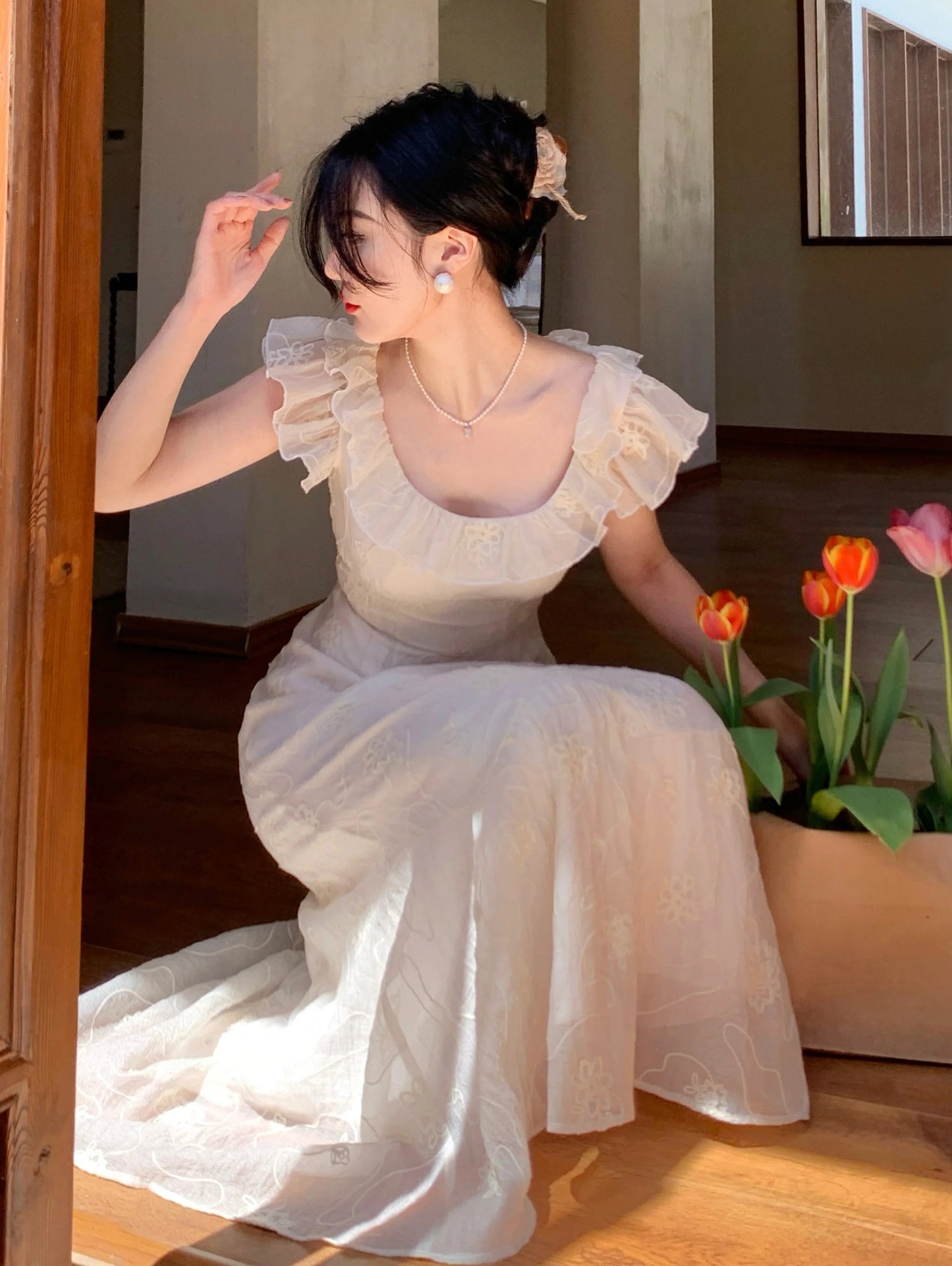 Summer French Midi Dress Ruffles Slim Party Dress Holiday Beach Korean Vestidos
