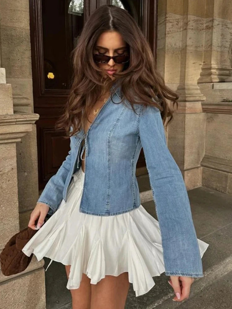 Bow Tie Lace Up Denim Slim Fit Flare Blouse