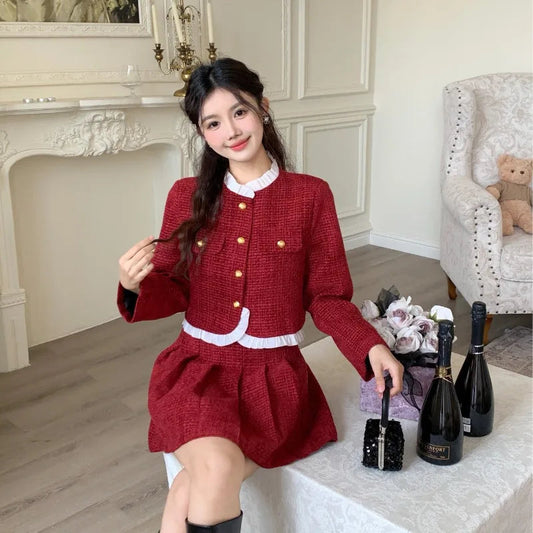 Sweet Hot Girl Christmas Suit Autumn Oneck Longsleeved Coat High Waisted Aline Skirt Twopiece Set Female Clothes