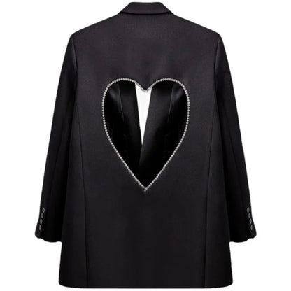 Black Blazers for Patchwork Diamond Heart Pattern Notched Long Sleeve Coats Female Autumn Clothes