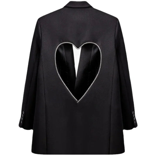 Black Blazers for Patchwork Diamond Heart Pattern Notched Long Sleeve Coats Female Autumn Clothes