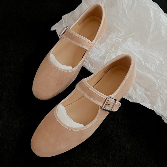 Flats Spring Summer Round Toe Genuine Leather Buckle Strap Mary Janes Office Lady Working Shoes Woman Concise