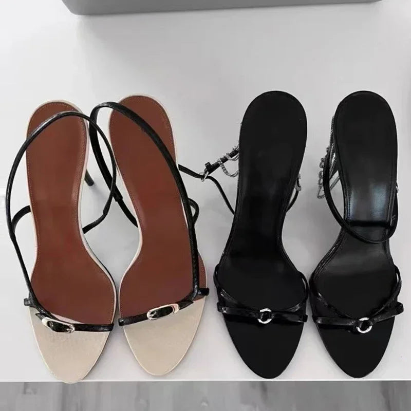 Designer Buckle Open Toe Slip on Back Strap Sandals Summer Black White High Heels Wedding Prom Shoes Zapatos Mujer