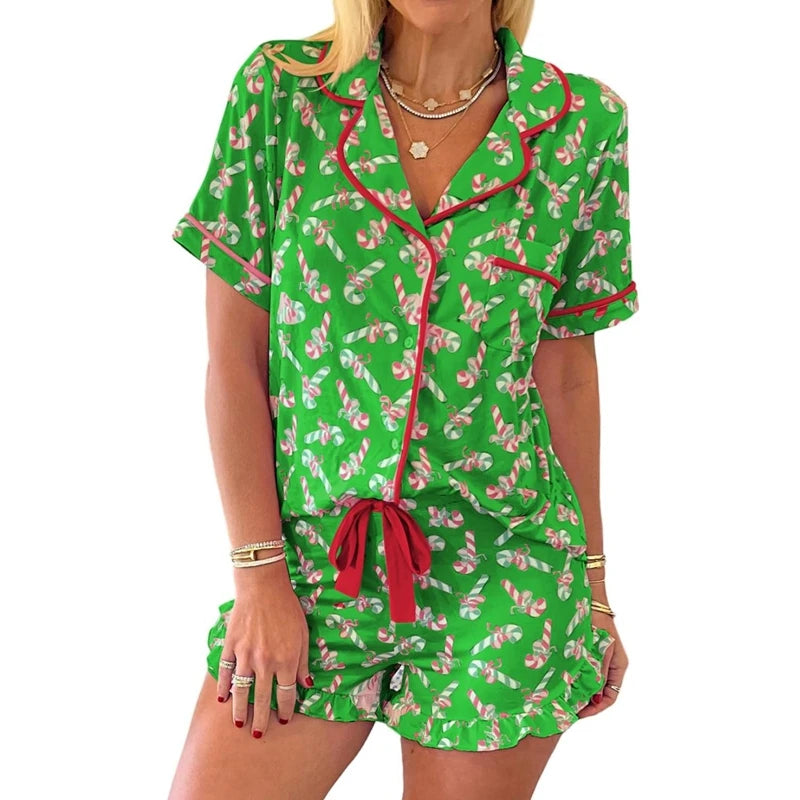 Christmas Pajamas Bow Candy Cane Print Pj Set Short Sleeve Button Down Xmas Knotted Shorts Pjs 2 Piece Set Sleepwear