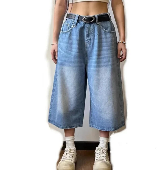 Harajuku High Waist 2000s Blue Denim Shorts Loose Fit Y2k Punk Style Baggy Shorts