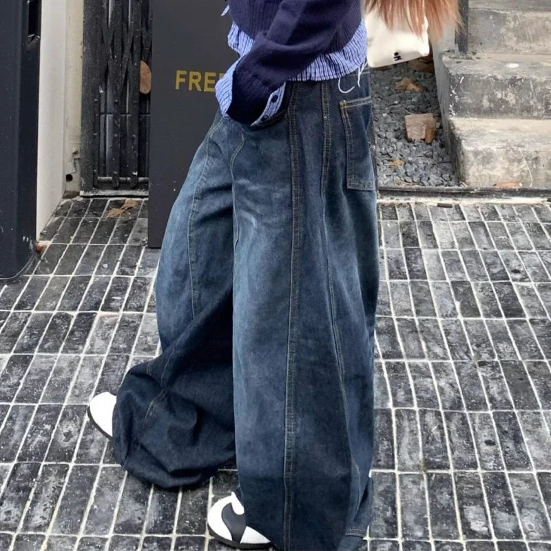 Y2k Letter Embroidery Washed Jeans Harajuku Wide Leg Denim Pants Baggy Gyaru Scimitar Trousers
