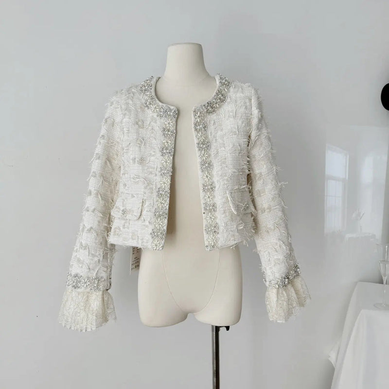 Fringed Tweed Coat New Autumn Long Sleeves Heavy Industry Embroidered Bell Bottoms Stitching Lace .