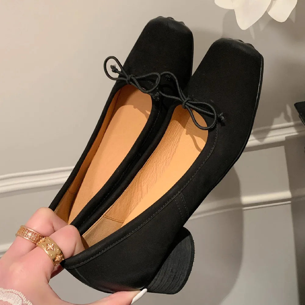 Genuine Leather 4.5cm Thick Med Heel Pleated Square Toe Slipon Pumps Sweet Bowtie Korean Style Female Heeled Shoes