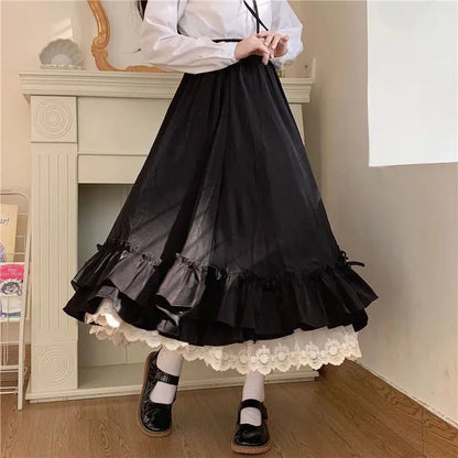 Japanese Color Double Layer French Ruffled Aline Pleated Skirt Hepburn Half Skirt Female White Long Skirt