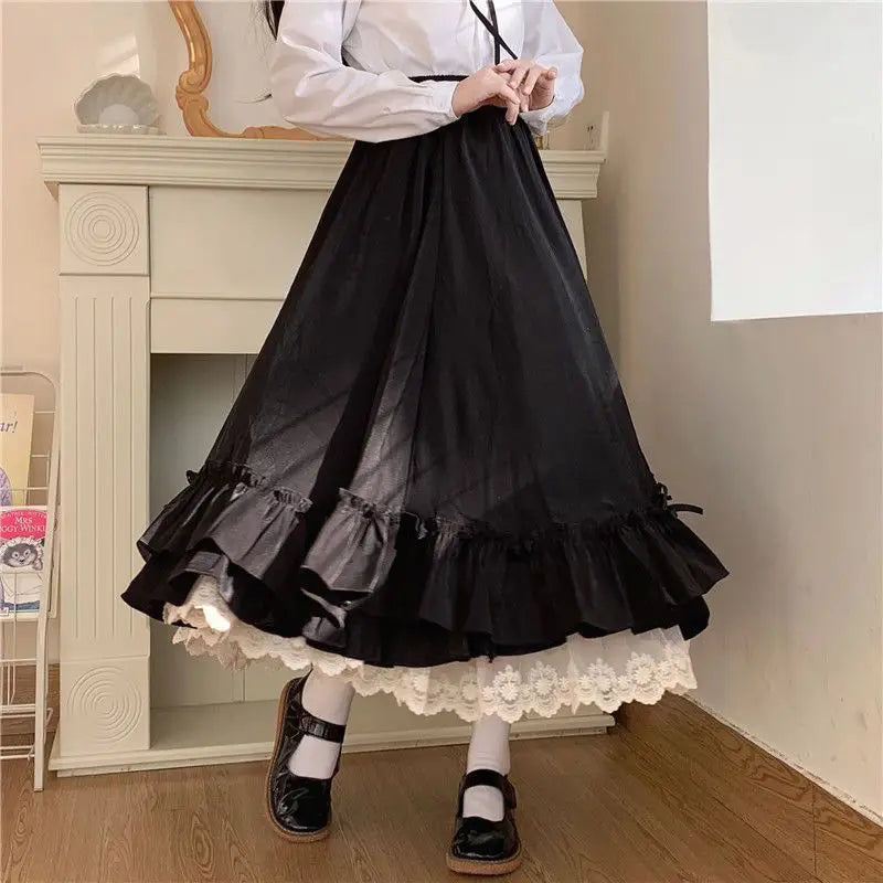 Japanese Color Double Layer French Ruffled Aline Pleated Skirt Hepburn Half Skirt Female White Long Skirt